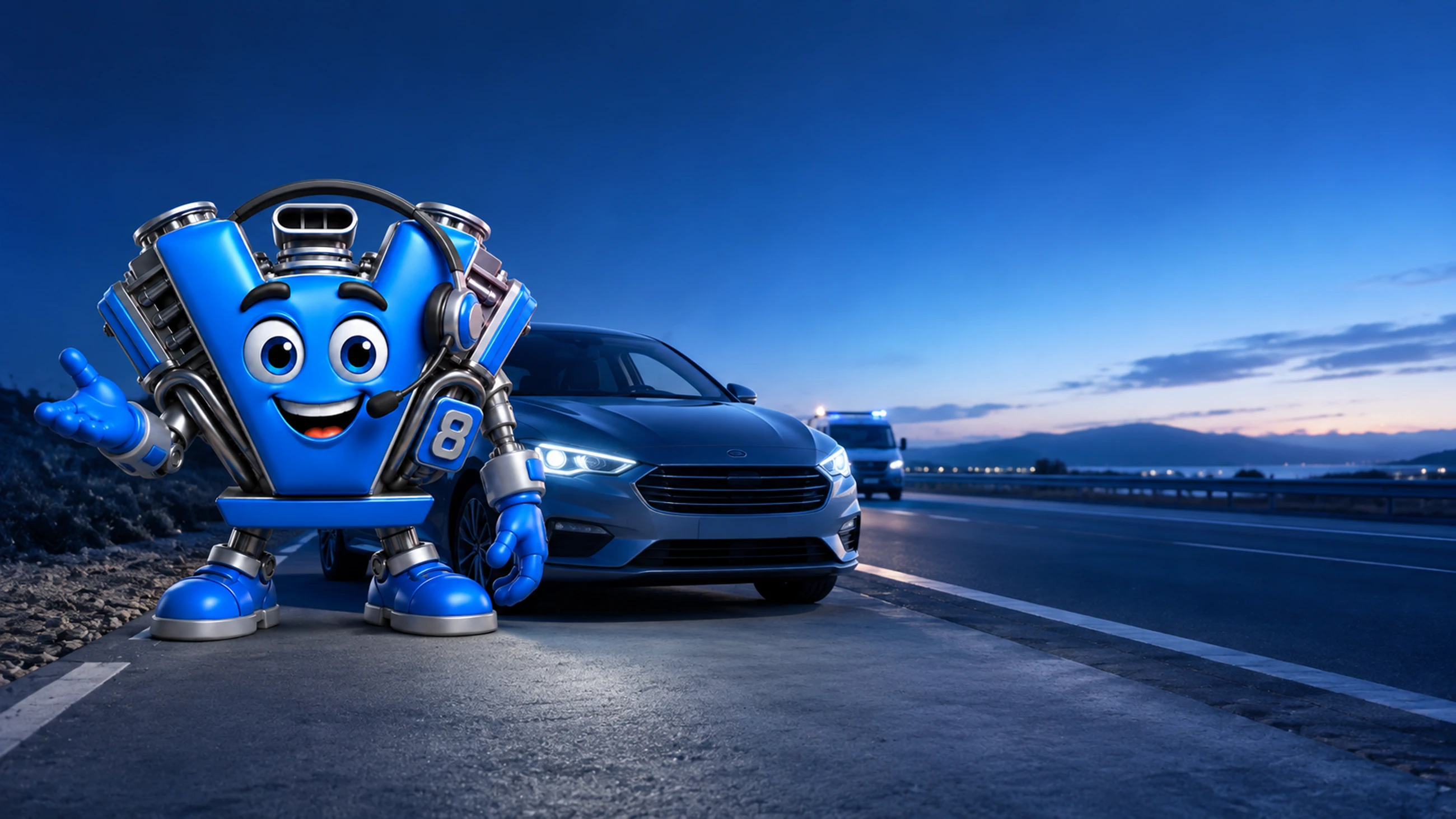 V8, mascote da GO-LOCK, ao lado de um carro parado no acostamento à noite, com um veículo de assistência se aproximando